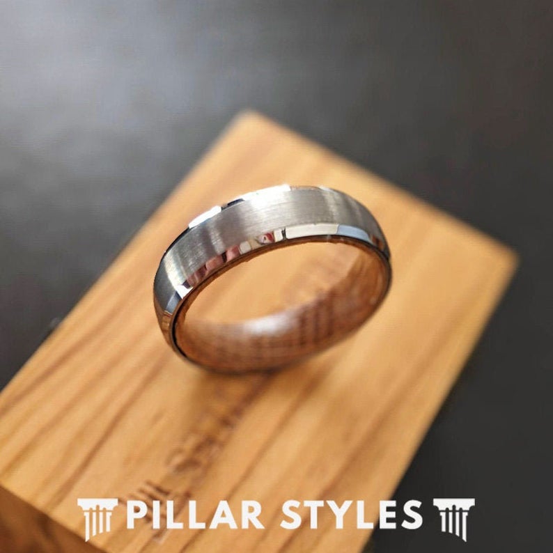 Whiskey Barrel Ring 6mm Silver Tungsten Ring Wood Wedding Band Mens Ring with Whisky Inlay