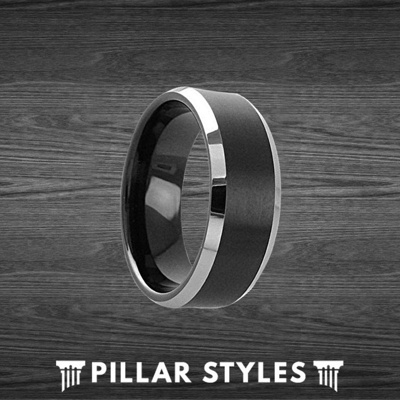 Black & Silver Ring with Beveled Edges 8mm/6mm Mens Wedding Band Tungsten Ring