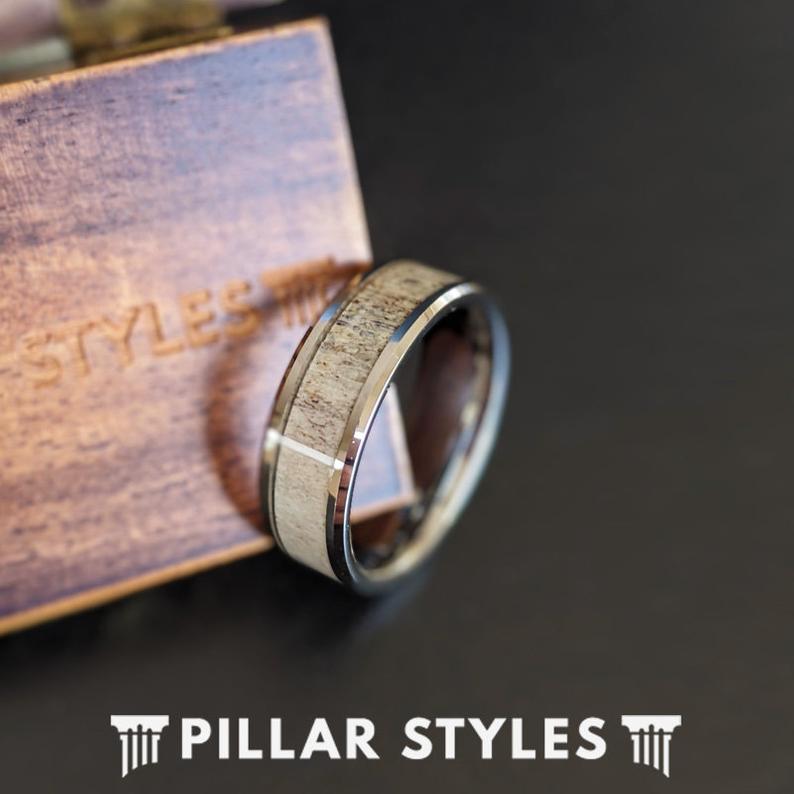 8mm Silver Deer Antler Tungsten Ring Mens Wedding Band - Unique Deer Antler Ring with Beveled Edges