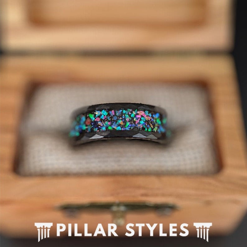 Black Hammered Ring Mens Wedding Band Opal Ring - Faceted Black Tungsten Rings for Men
