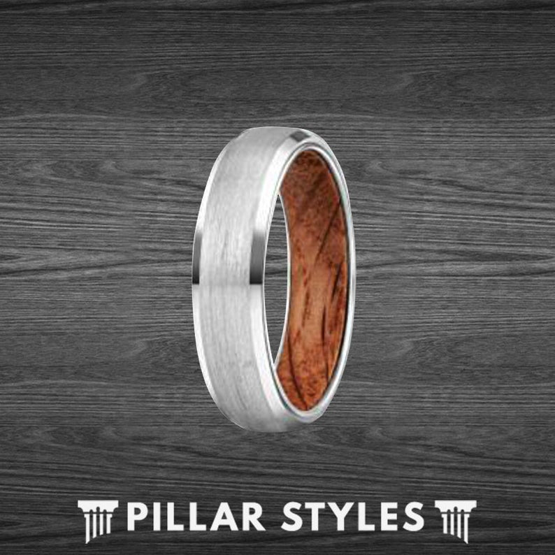 Thin Silver Whiskey Barrel Ring Wood Wedding Band Mens Ring - Pillar Styles