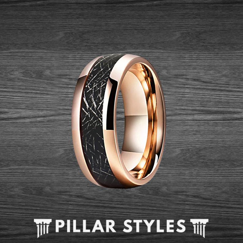 18K Rose Gold Meteorite Ring Mens Wedding Band Tungsten Ring - Unique Rose Gold Ring - Pillar Styles