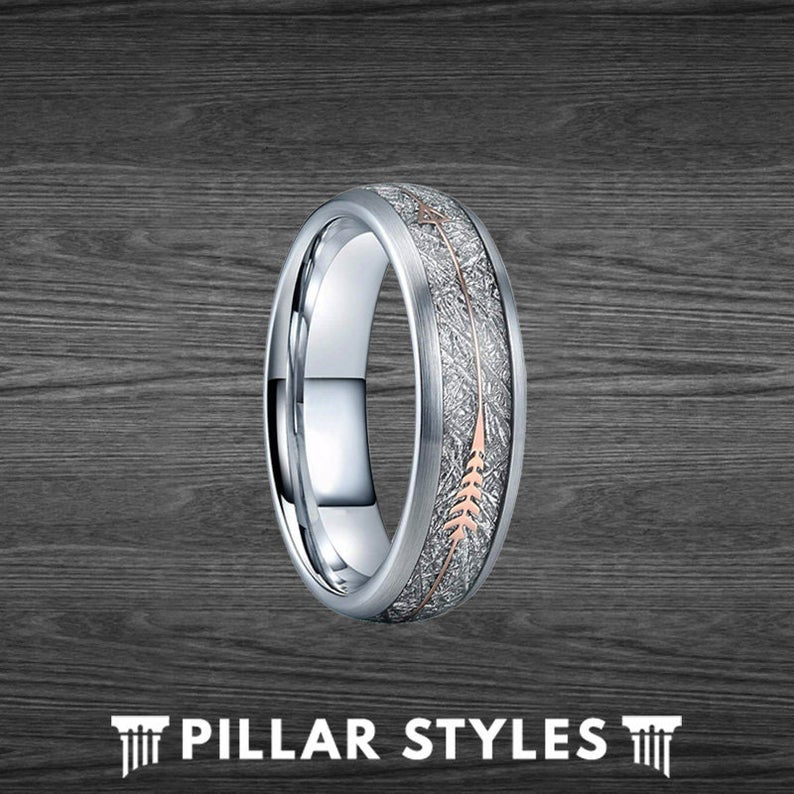 Meteorite Ring 6mm & 8mm Rose Gold Arrow Ring Tungsten Wedding Band Womens Ring
