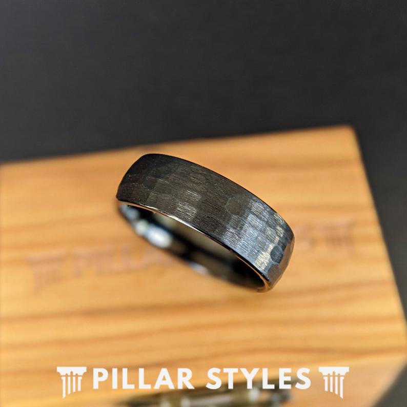 8mm Black Hammered Ring Mens Wedding Band Tungsten Ring Couples Ring Set Mens Ring - Pillar Styles