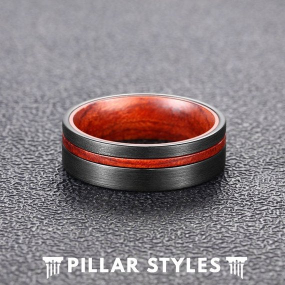 Mens Wedding Band Black Tungsten Ring Rose Wood Inlay - Pillar Styles