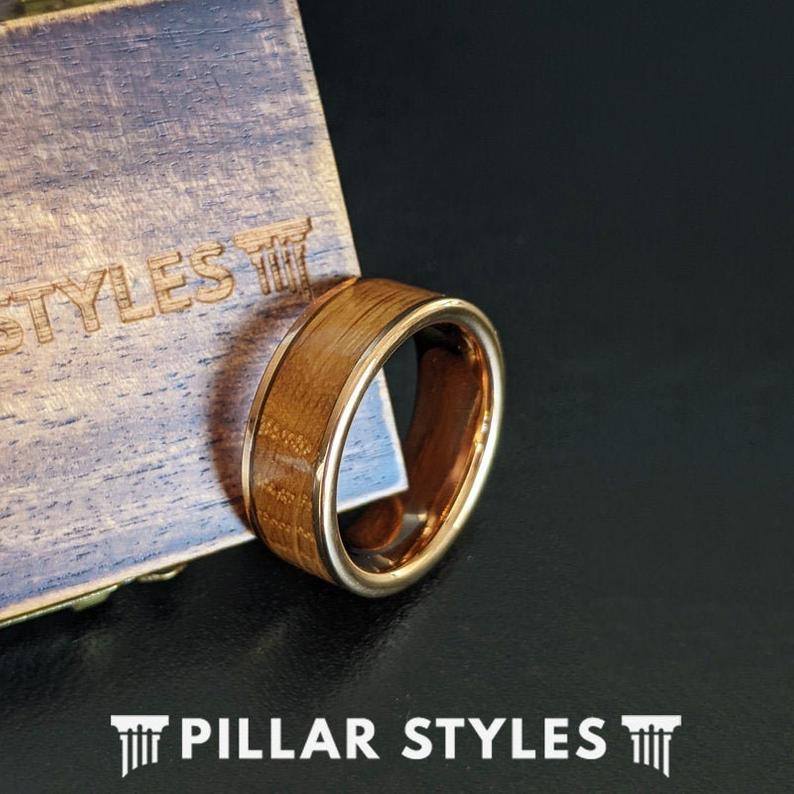 Whiskey Barrel Ring Mens Wedding Band Rose Gold Ring - Bourbon Barrel Tungsten Rings for Men
