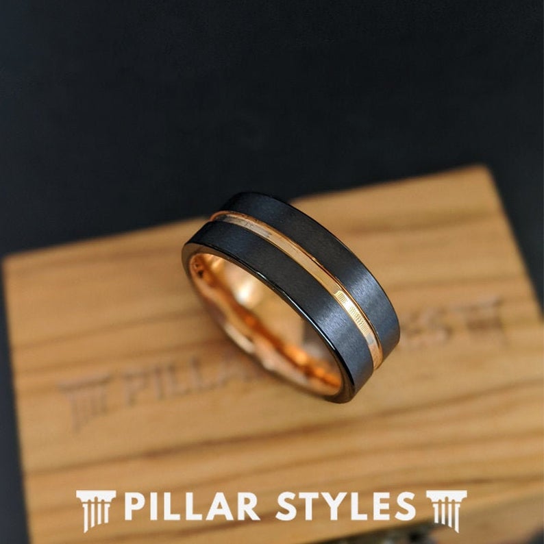 18K Rose Gold Wedding Band Mens Black Ring with Rose Gold Groove & Flat Finish - Pillar Styles