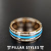 14K Rose Gold Ring with Turquoise & Antler Inlay Mens Wedding Band - Pillar Styles