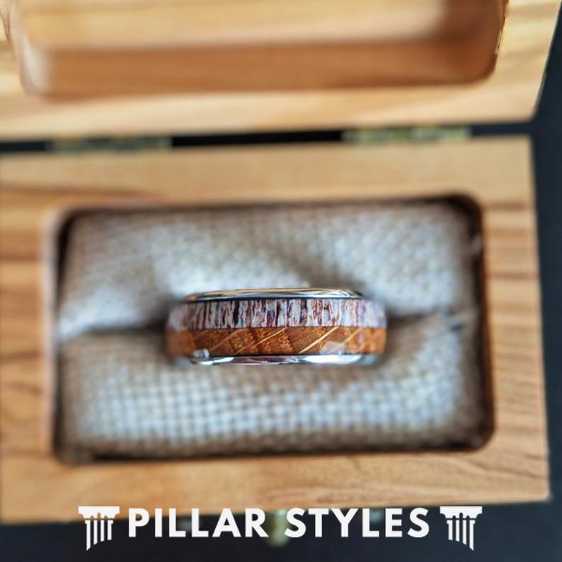 Rustic Whiskey Barrel Ring Mens Wedding Band Deer Antler Ring - 8mm/6mm Tungsten Rings for Men