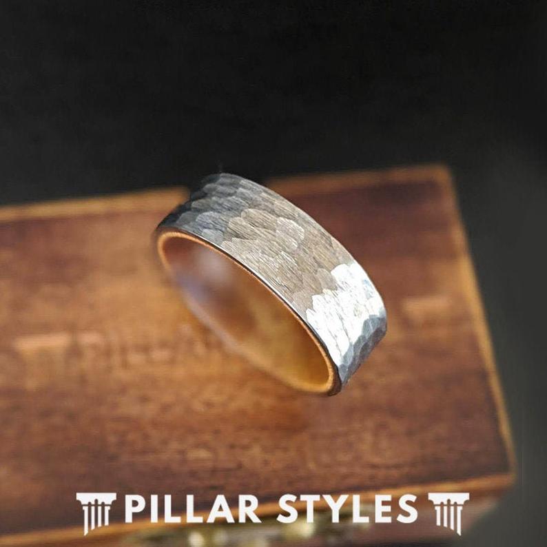Silver Hammered Ring Mens Wedding Band Wood Ring - 8mm Hawaiian Koa Wood Ring Tungsten Wedding Rings with Wooden Inlay