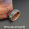 18K Rose Gold Ring Mens Wedding Band Wood Ring, Blue Opal Ring Antler & Koa Wooden Ring - Pillar Styles