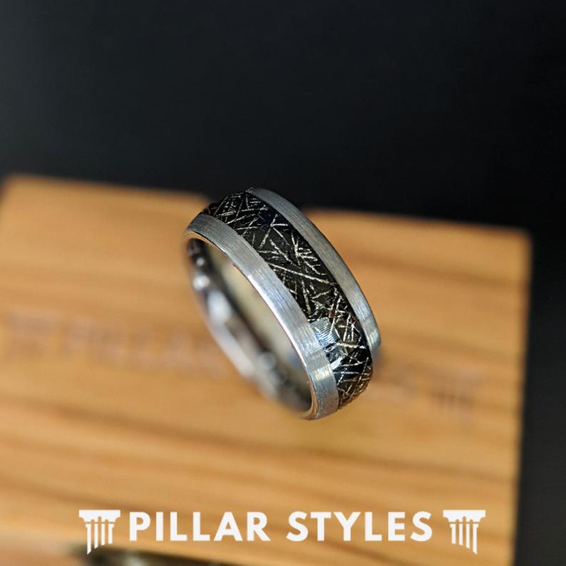 Black Meteorite Ring Mens Wedding Band Tungsten Ring - Meteorite Wedding Band Mens Ring - Pillar Styles