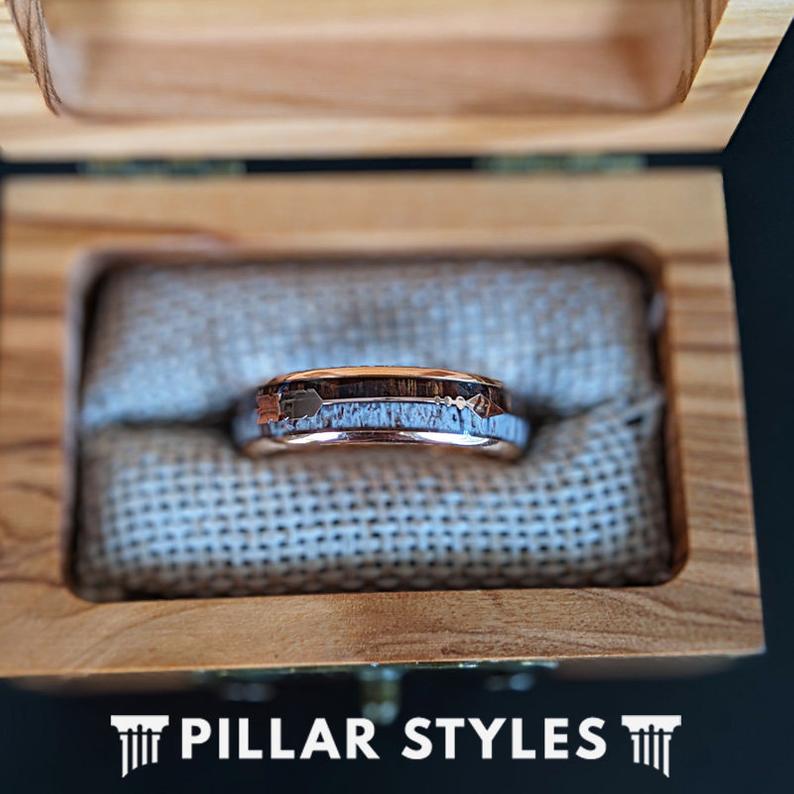 18K Rose Gold Wedding Band Tungsten Ring 6mm Thin Wood & Deer Antler Rings Womens Wedding Band Rose Gold Ring