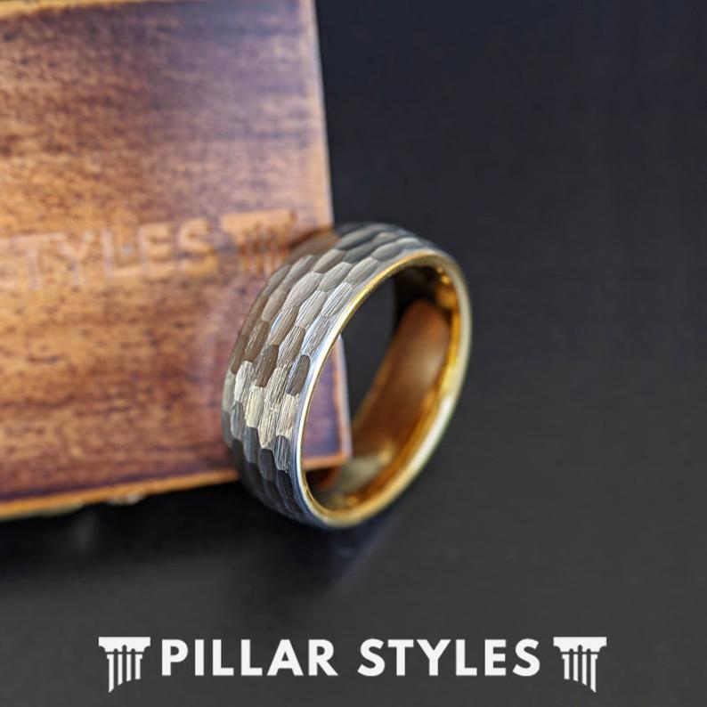 14K Yellow Gold Ring Tungsten Wedding Band Mens Rings 8mm Silver Hammered Ring
