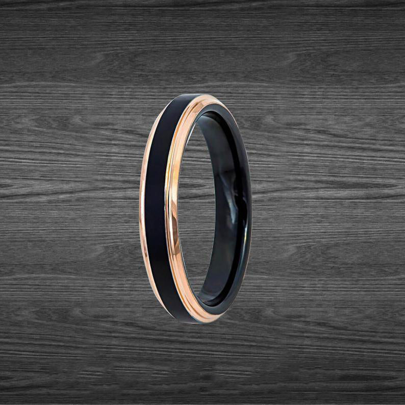 4mm Black & 18K Rose Gold Wedding Band Womens Ring with Step Edges, Thin Tungsten Ring