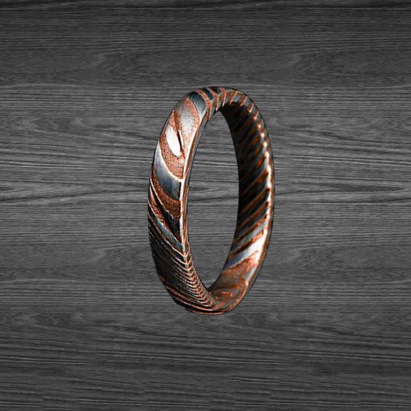 4mm Thin Damascus Ring Rose Gold Wedding Band Mens Ring - Unique Damascus Steel Rings for Men 18K Rose Gold Ring