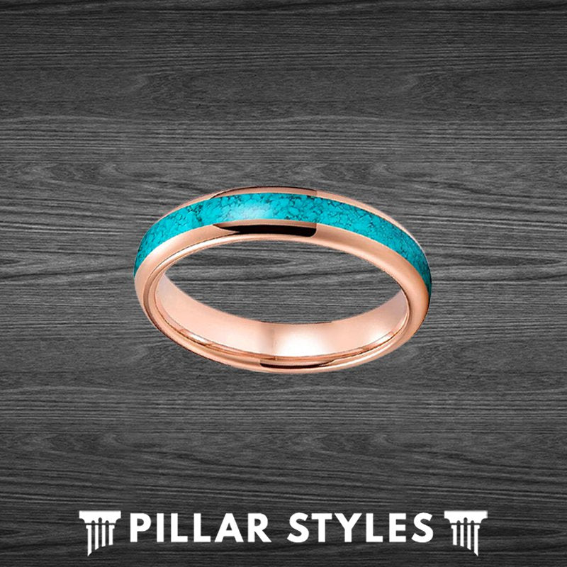 18K Rose Gold Ring Turquoise Wedding Band Womens Ring - 4mm Rose Gold Wedding Ring Turquoise Rings for Men Wedding Band