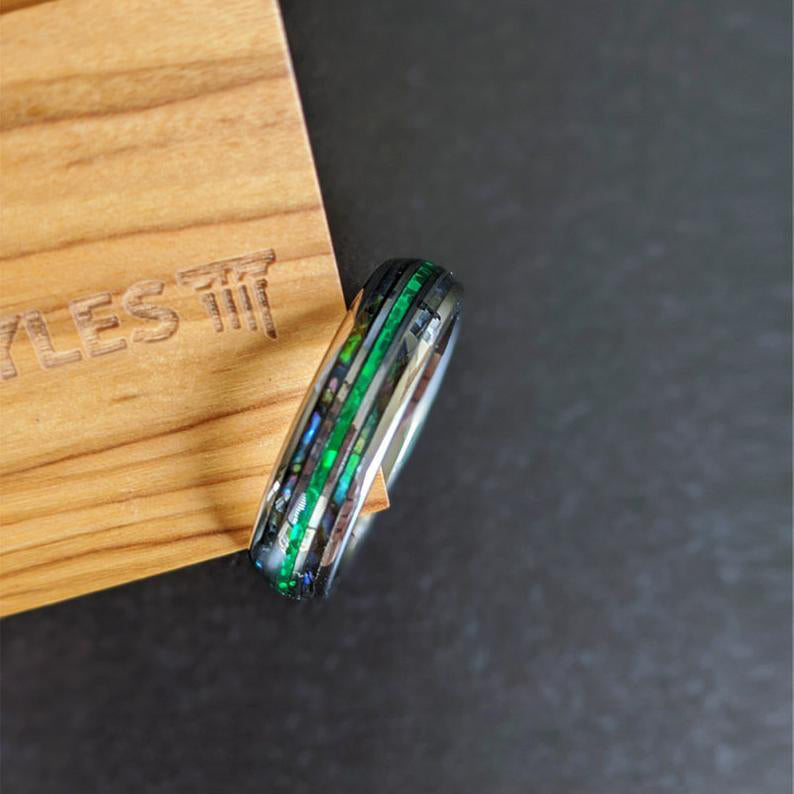 6mm Silver Opal Ring Mens Wedding Band Tungsten Ring, Green Opal Wedding Bands Womens Ring