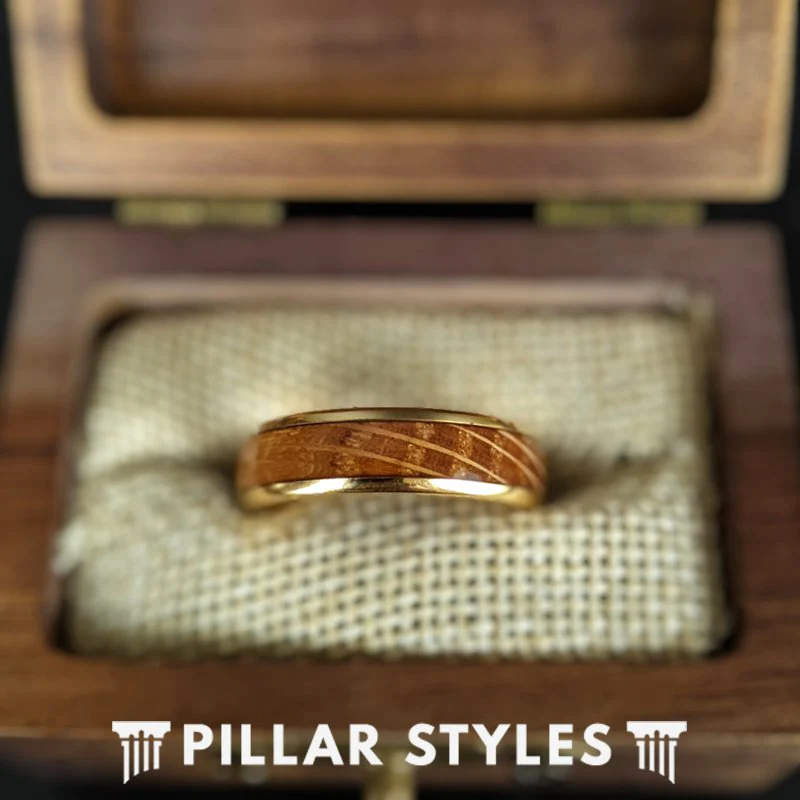 6mm Yellow Gold Wedding Band Bourbon Barrel Rings Thin 14K Gold Ring Womens Wedding Band Whiskey Barrel Ring with Wood Inlay