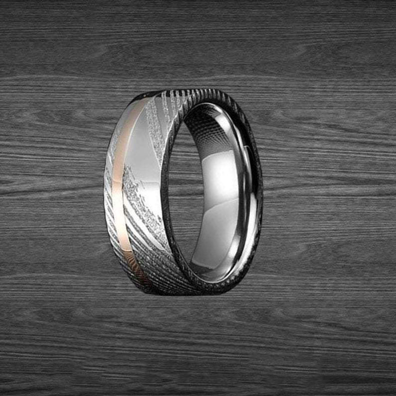 8mm Silver Damascus Steel Ring with Rose Gold Inlay Mens Wedding Band Damascus Ring Unique Rose Gold Wedding Rings for Him