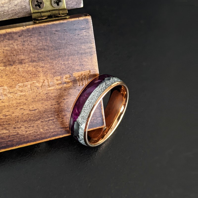 Purple Lapis Lazuli Ring Mens Wedding Band Tungsten Ring - 8mm Meteorite Ring Rose Gold Wedding Band