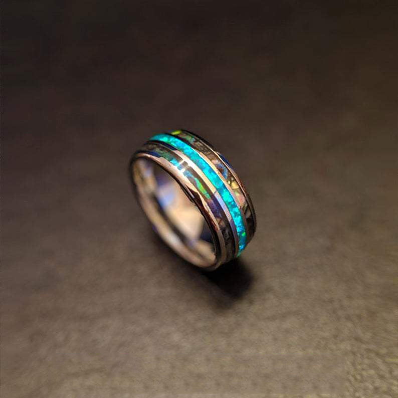 Abalone Ring with Green Opal Tungsten Ring 8mm Unique Mens Wedding Band Opal Rings for Men
