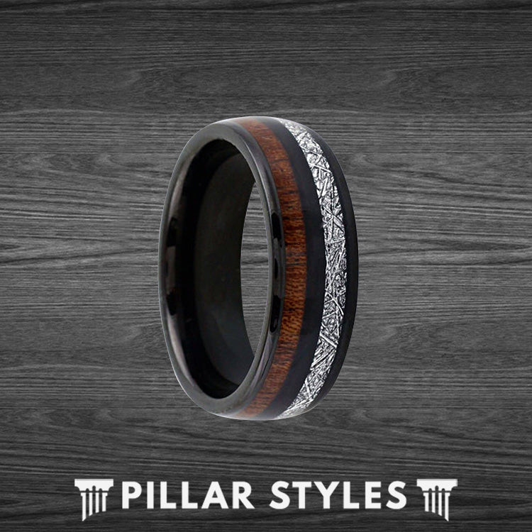 Black Tungsten Meteorite Ring Rare Koa Wood Ring - Pillar Styles