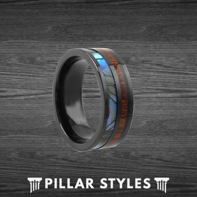 8mm/6mm Mens Wedding Band Tungsten Ring - Black Wood Ring with Abalone Shell Inlay - Tropical Wedding Rings for Men