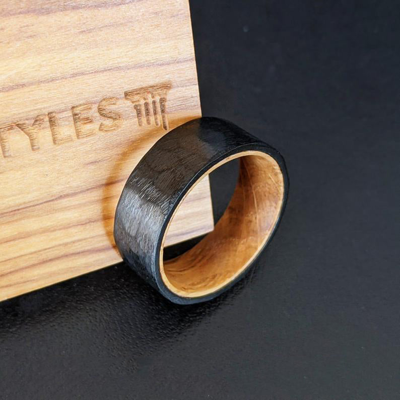 Black Whiskey Barrel Ring Hammered Wedding Band Mens Ring - 8mm Bourbon Barrel Ring Titanium Wedding Band with Wood Inlay