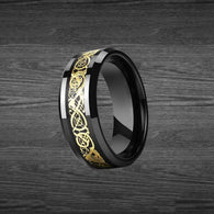Black & Yellow Gold Ring Mens Wedding Band Tungsten Ring - 8mm Viking Ring