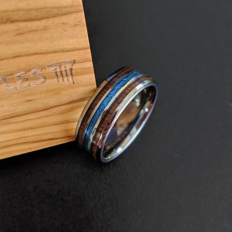 Blue Meteorite Mens Wedding Band Hawaiian Koa Wood Ring - Wood Wedding Band Mens Ring