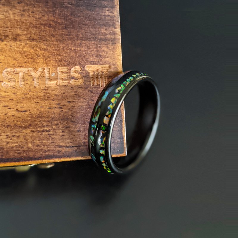6mm Black Opal Ring Womens Wedding Band Abalone Ring - Thin Tungsten Rings for Women