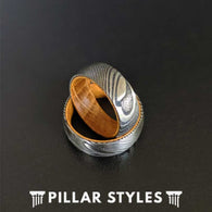 Damascus Ring with Whiskey Barrel Wood Inlay - Whiskey Barrel Rings for Men Damascus Steel Ring - Pillar Styles