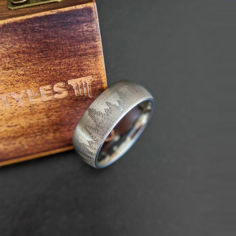 Forest Tree Ring Mens Wedding Band Tungsten Ring - 8mm/6mm Unique Wedding Band Nature Ring