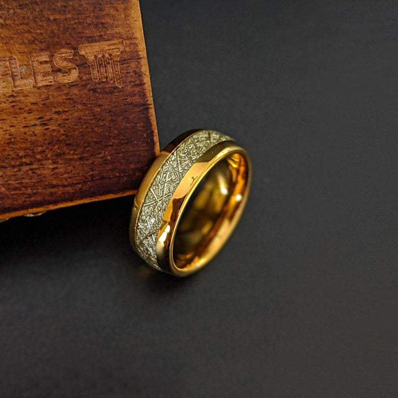 14K Gold Meteorite Ring Mens Wedding Band Tungsten Ring Yellow Gold Wedding Rings for Men