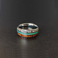Green Opal Ring Deer Antler & Koa Wood Ring Mens Wedding Band - Tungsten Nature Ring with 3 Inlays