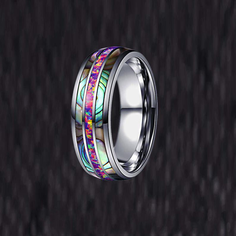 Purple Opal Ring Mens Wedding Band Abalone Ring 8mm Unique Opal Wedding Band Tungsten Rings for Men
