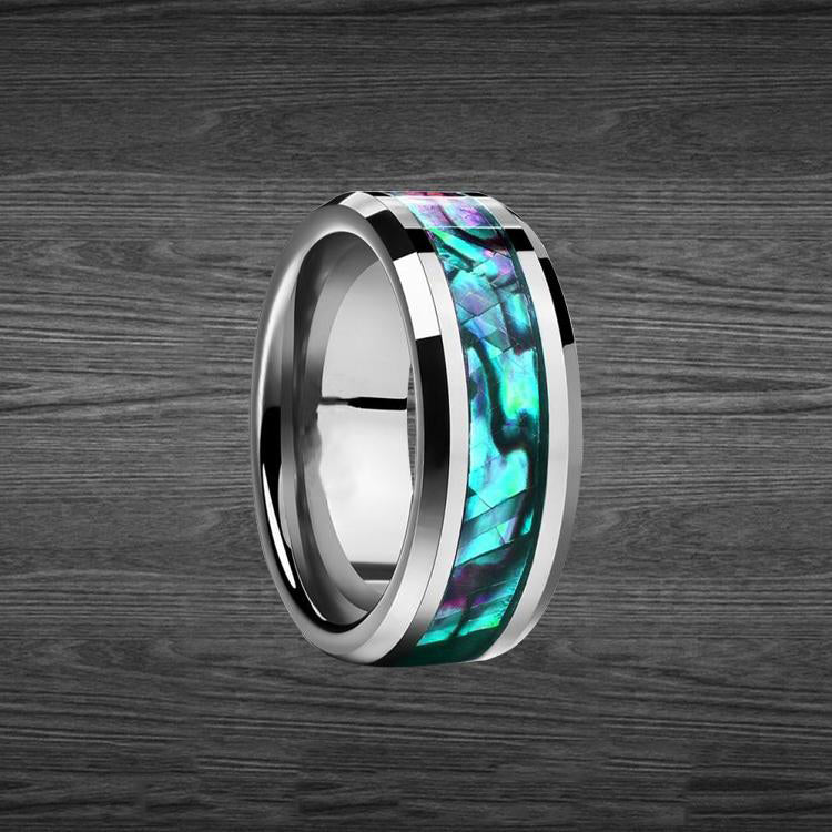 Silver Abalone Ring Mens Wedding Band Tungsten Ring - 8mm Tropical Nature Wedding Ring with Abalone Shell Inlay Sizes 6-15
