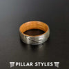 Damascus Ring with Whiskey Barrel Wood Inlay - Whiskey Barrel Rings for Men Damascus Steel Ring - Pillar Styles