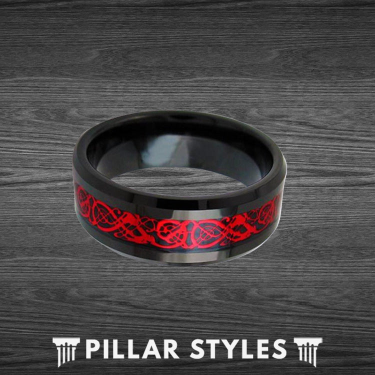 8mm Red Tungsten Viking Ring Celtic Wedding Bands - Pillar Styles