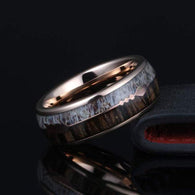 18K Rose Gold Ring Mens Wedding Band Wood Ring Rose Gold Wedding Band Antler Ring 8mm/6mm Couples Ring Set