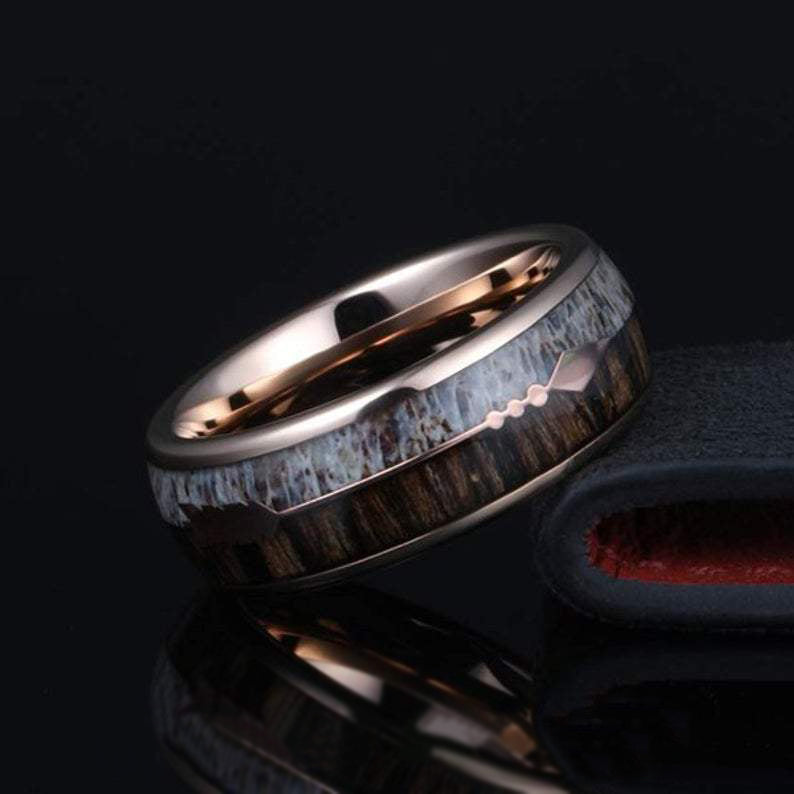18K Rose Gold Ring Mens Wedding Band Wood Ring Rose Gold Wedding Band Antler Ring 8mm/6mm Couples Ring Set