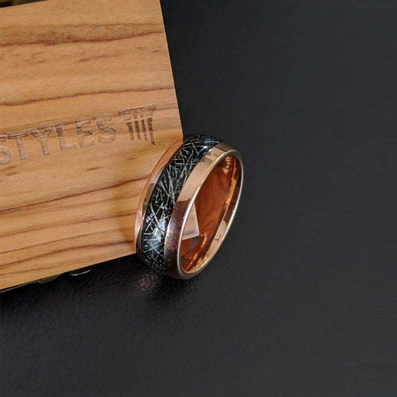 Rose Gold Ring Black Meteorite Wedding Band Tungsten Ring Mens Wedding Band 8mm 18K Rose Gold Wedding Bands