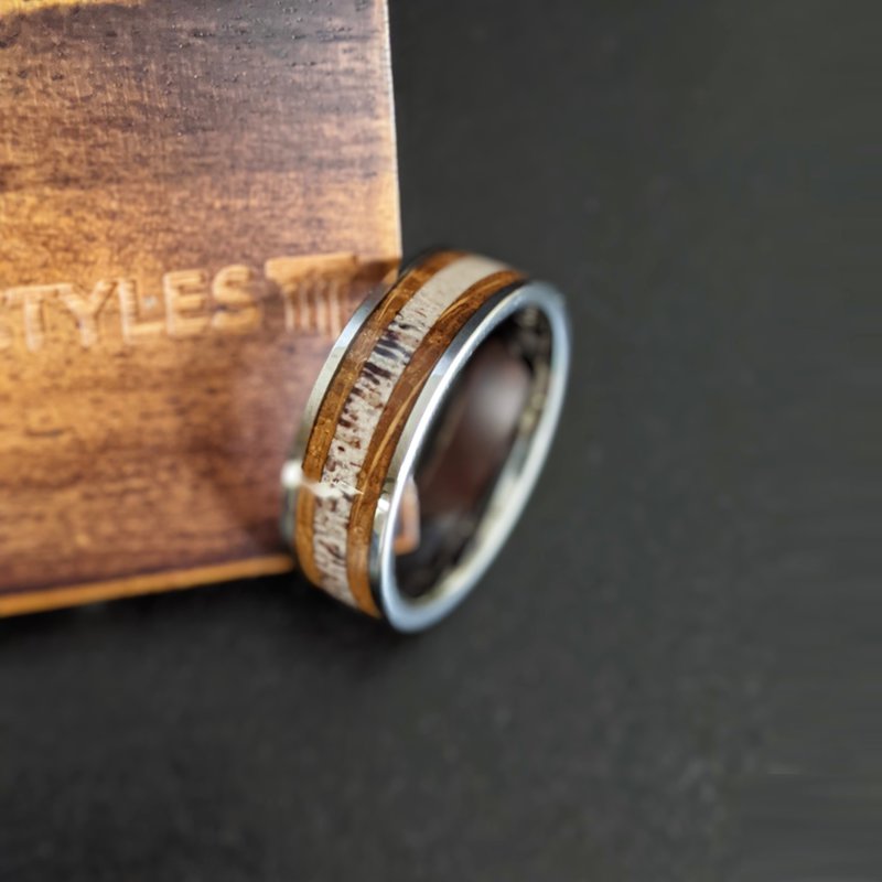 8mm Silver Whiskey Barrel Ring with Antler Inlay Mens Wedding Band Tungsten Ring Bourbon Barrel Rings for Men
