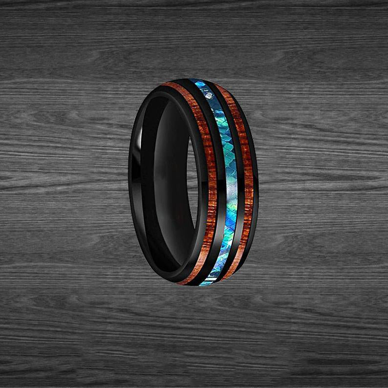Tropical Abalone Shell & Koa Wood Ring - Black Mens Wedding Band Tungsten Abalone Shell Ring