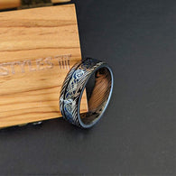 Tungsten Viking Ring Mens Wedding Band Dragon Ring, Damascus Celtic Knot Ring with Carbon Fiber Inlay