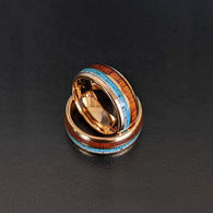 Turquoise Mens Wedding Band Rose Gold Ring - 8mm Deer Antler Ring Koa Wood Tungsten Rings for Men