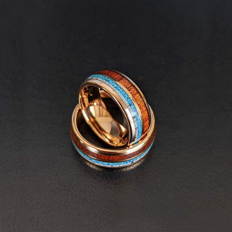 Turquoise Mens Wedding Band Rose Gold Ring - 8mm Deer Antler Ring Koa Wood Tungsten Rings for Men