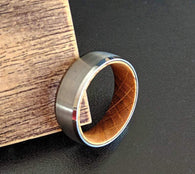 Unique Whiskey Barrel Ring - 8mm Silver Tungsten Ring Whiskey Wood Wedding Band Mens Ring