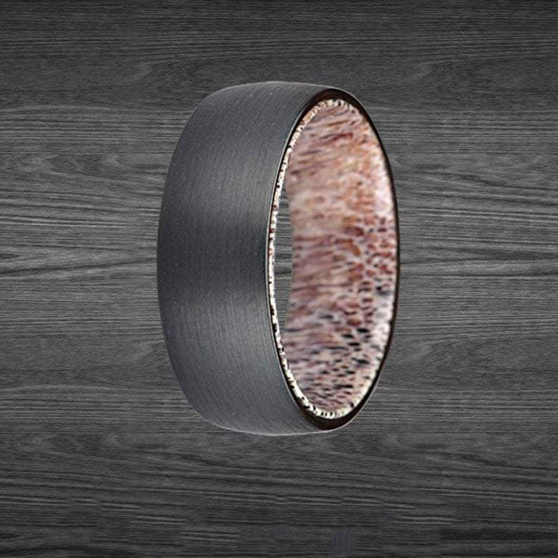 Whitetail Deer Antler Ring Mens Wedding Band Black Tungsten Ring - Unique Antler Wedding Rings for Men